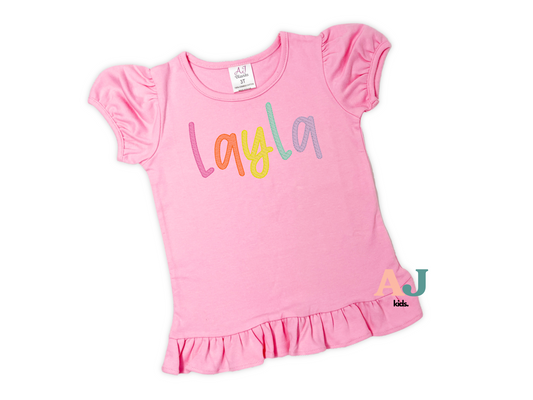 Girls Personalized  Embroidered Ruffle Rainbow Shirt