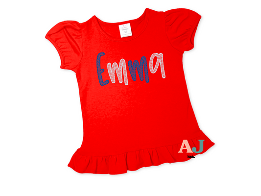 Girls Personalized Embroidered Red Ruffle Patriotic Shirt