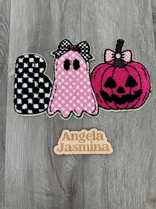 Pink Checkered Boo Pumpkin Ghost Chenille Patch