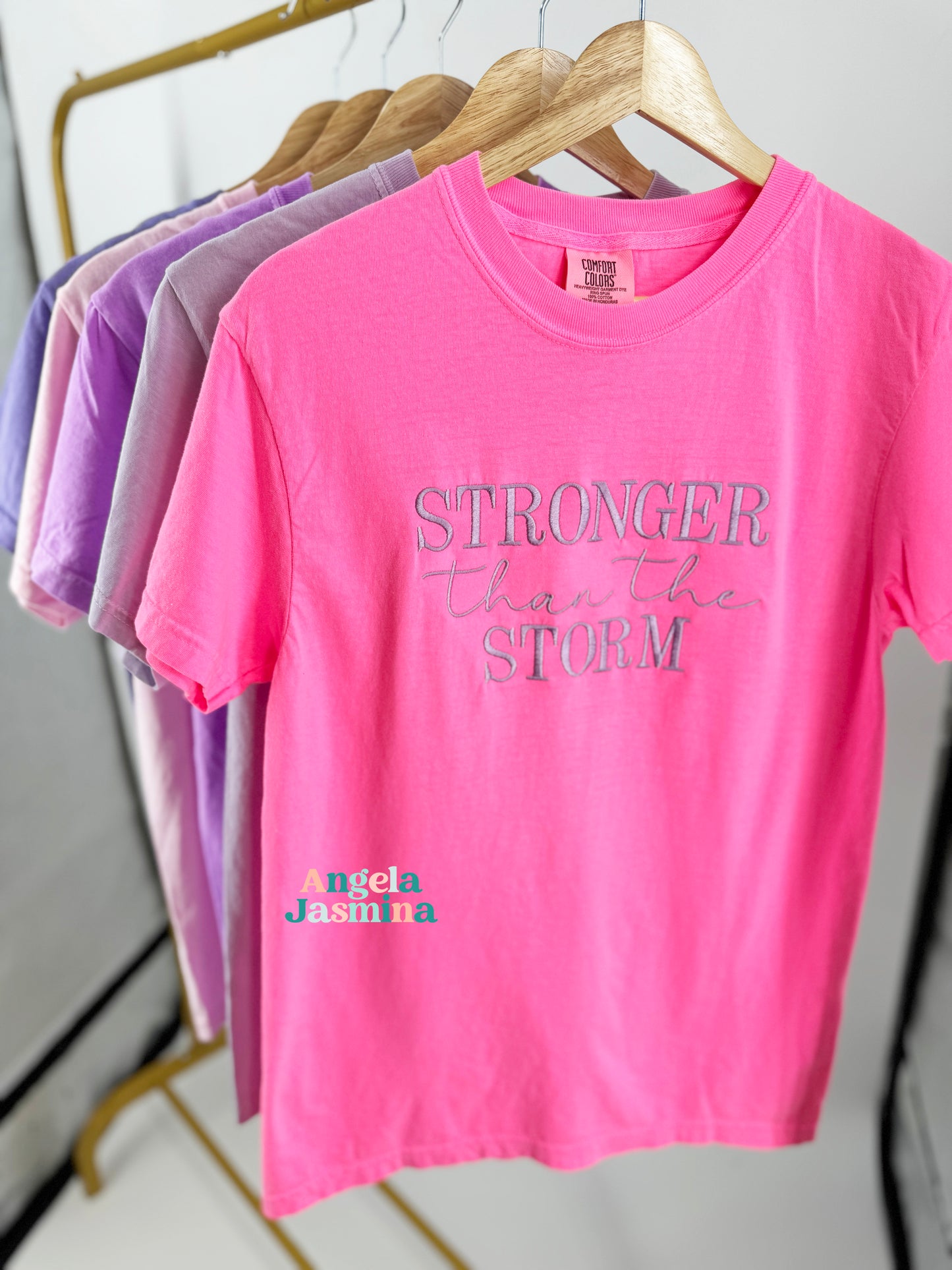 Neon Pink Stronger Than The Storm Embroidered Short Sleeve Tee