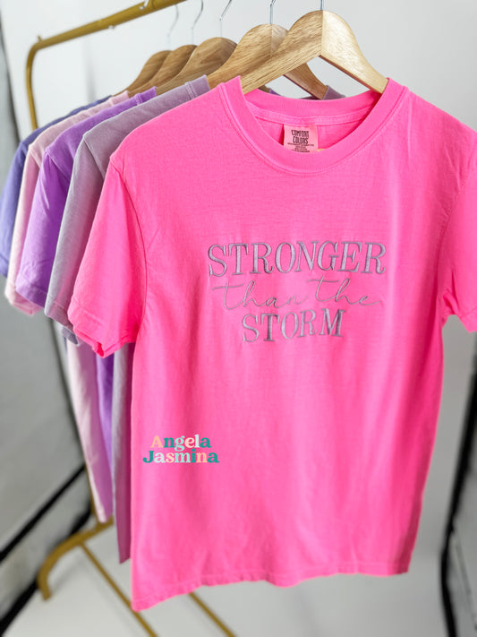 Neon Pink Stronger Than The Storm Embroidered Short Sleeve Tee