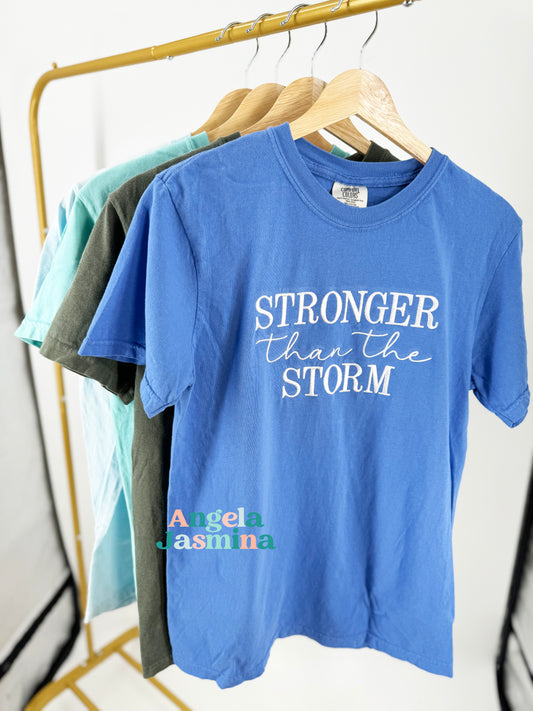 Mystic Blue Stronger Than The Storm Embroidered Short Sleeve Tee