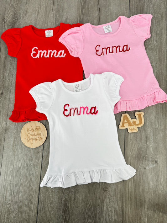 Girls Christmas Name Embroidered Ruffle Shirt
