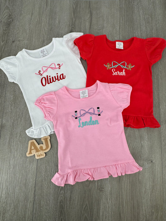 Monogram Me: Christmas Bow Ruffle Tee