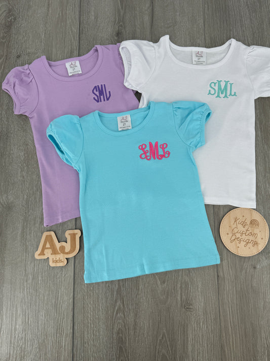 Monogram Me:  Girls Puff Sleeve Monogram Tee