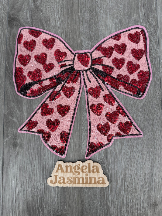 Pink Valentines Bow Hearts Sequins Patch