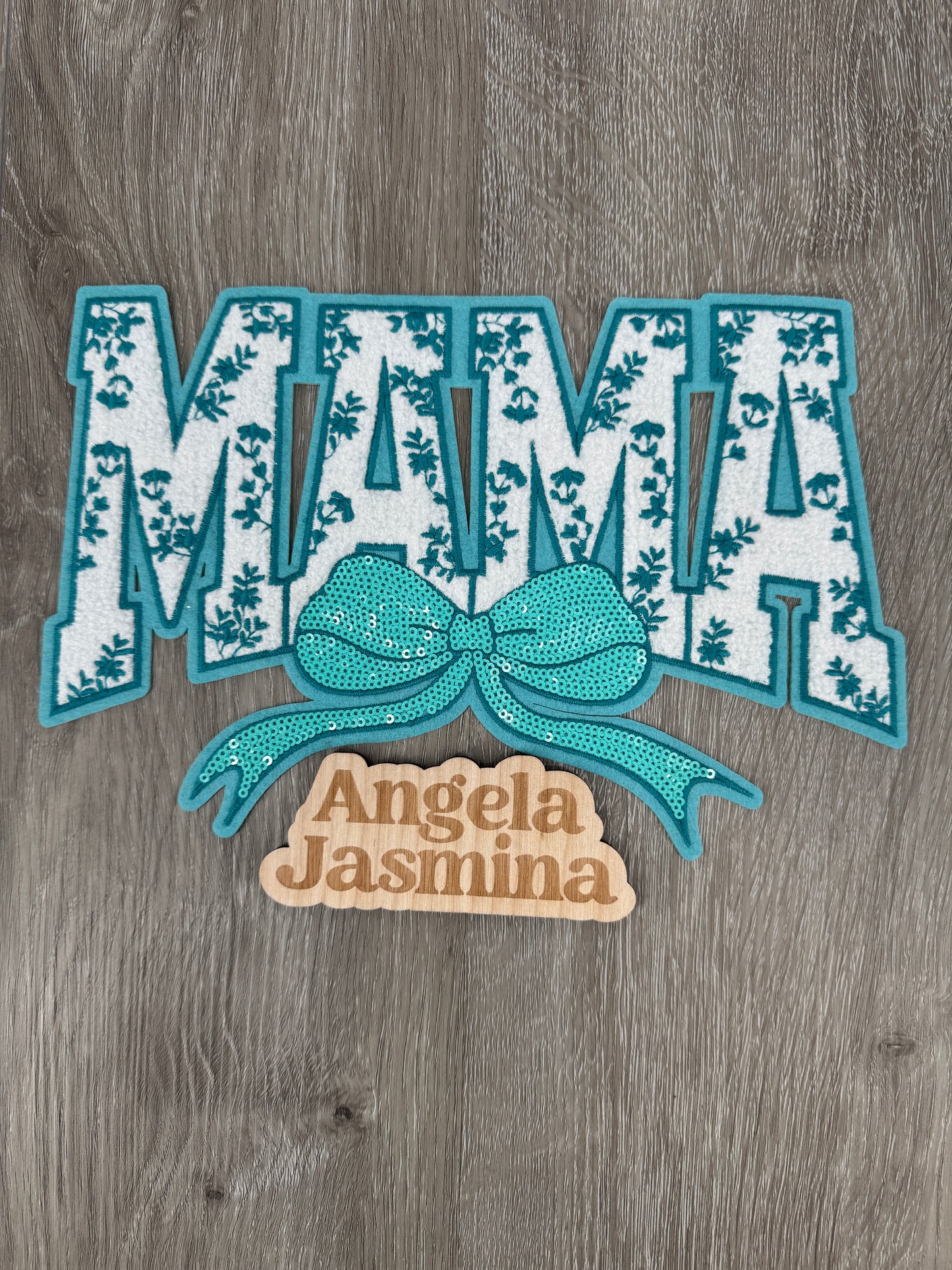 TEAL Mama Floral Bow Sequins and Chenille Patch