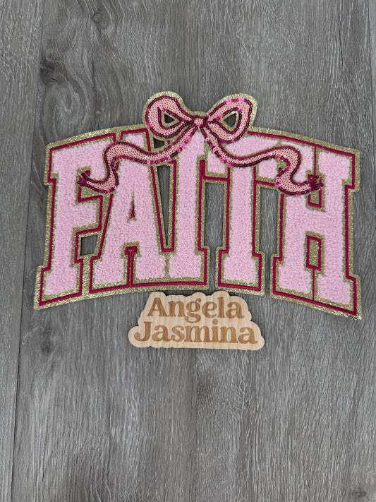 Faith Bow with Light Pink Gold Sequins and Chenille Patch