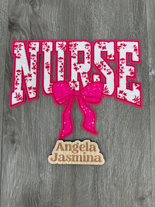 HOT PINK Nurse Floral Bow Sequins and Chenille Patch