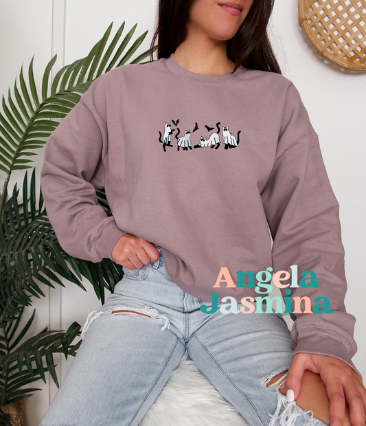 Ghost Cats Embroidered Sweatshirt Dusty Purple
