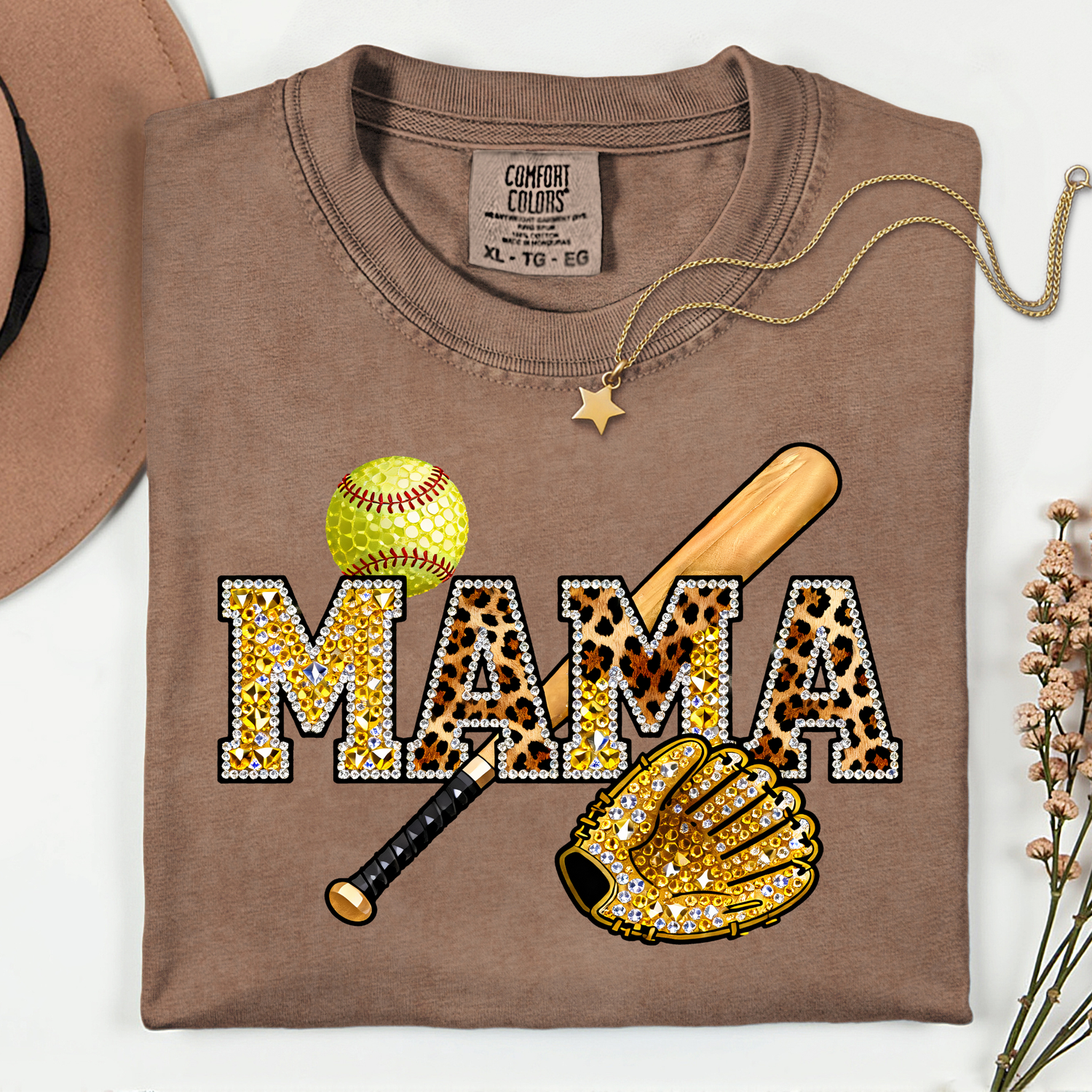 ADULT Softball MAMA with Bat FAUX Rhinestones DTF TRANSFER
