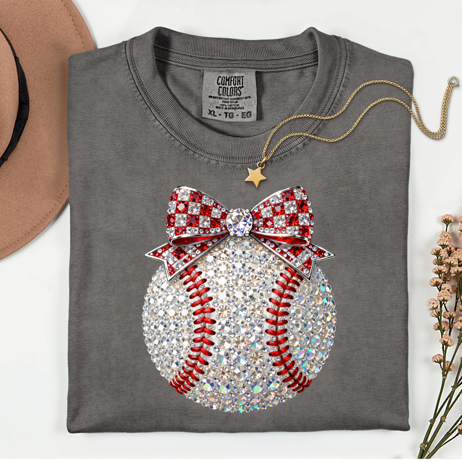 ADULT Baseball with Bow FAUX Rhinestones DTF TRANSFER