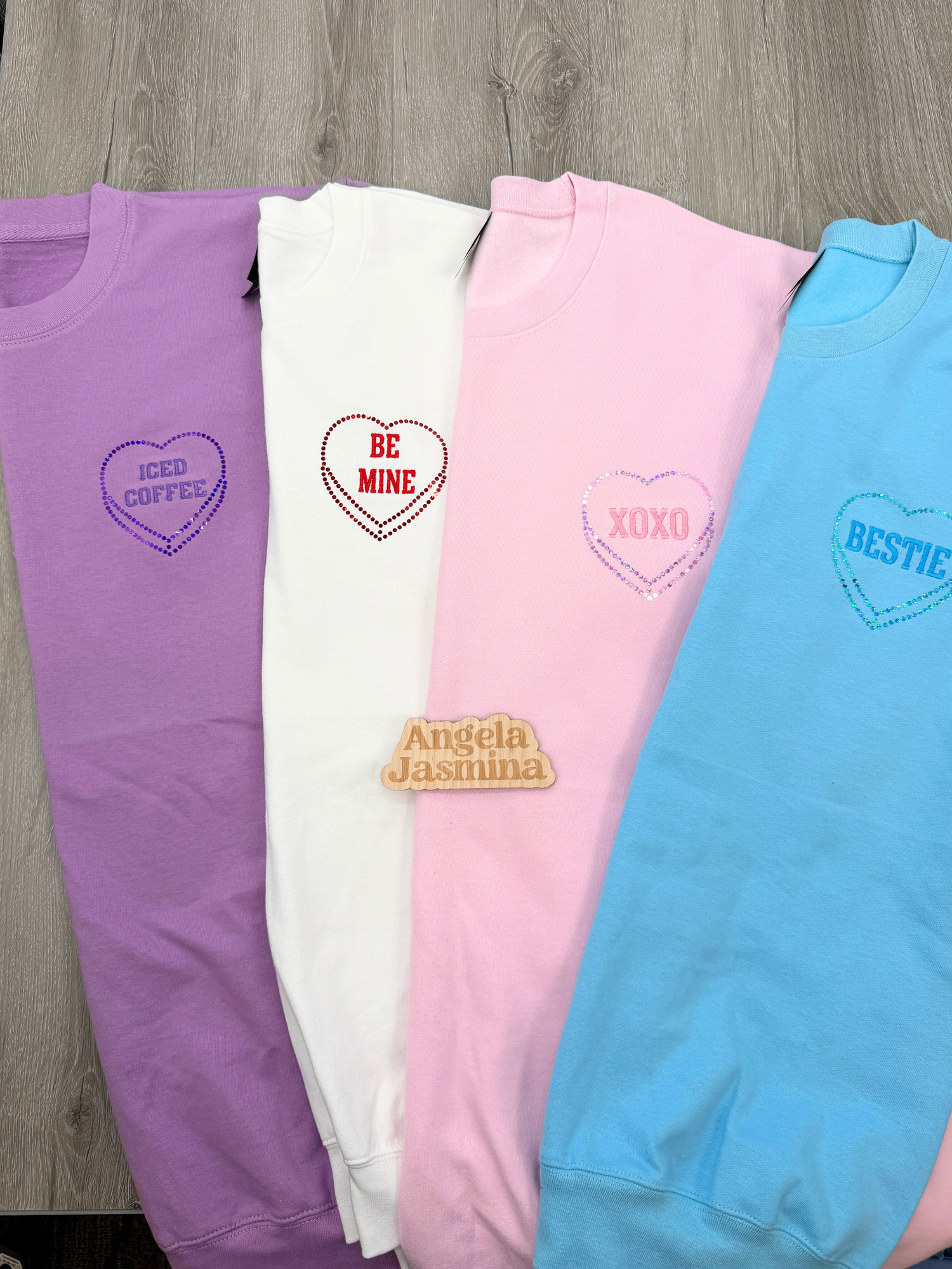 Custom Conversation Heart Embroidery and Bling sweatshirt