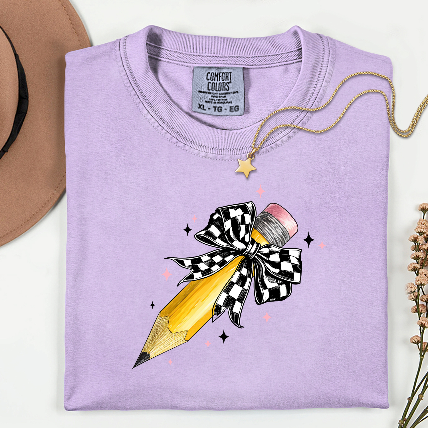ADULT Teacher Pencil with Checkered Bow DTF TRANSFER