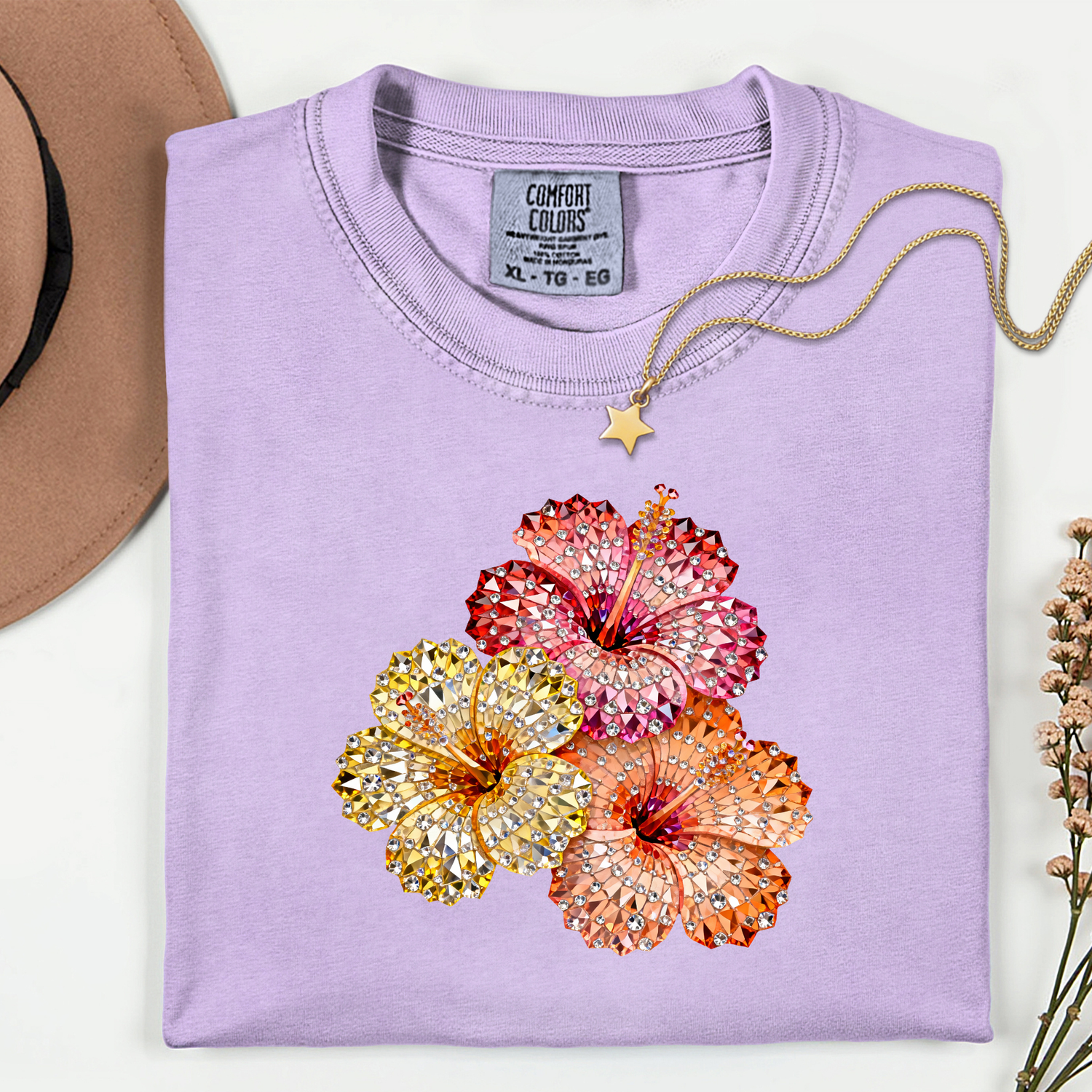 ADULT Hibiscus Flowers FAUX Rhinestones DTF TRANSFER