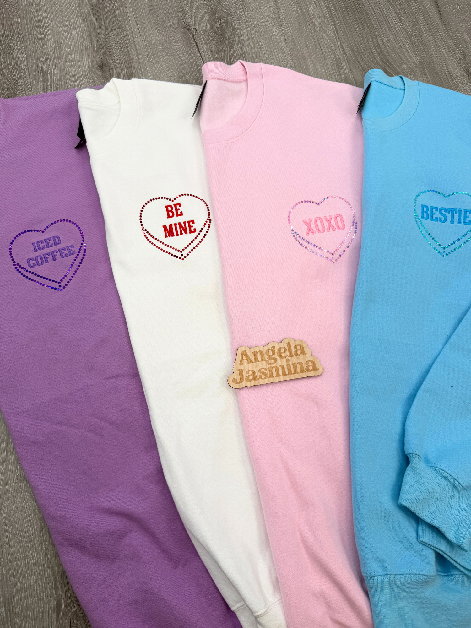 Custom Conversation Heart Embroidery and Bling sweatshirt