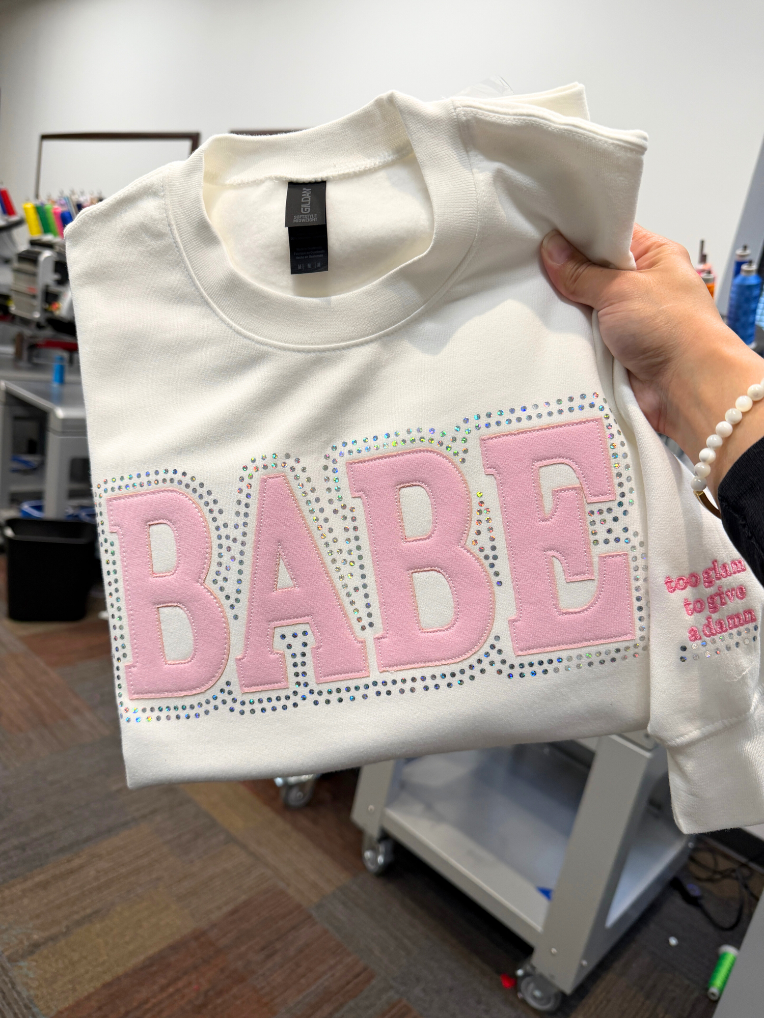 White BABE Embroidered & Spangle Sweatshirt (too glam to give a damn sleeve)