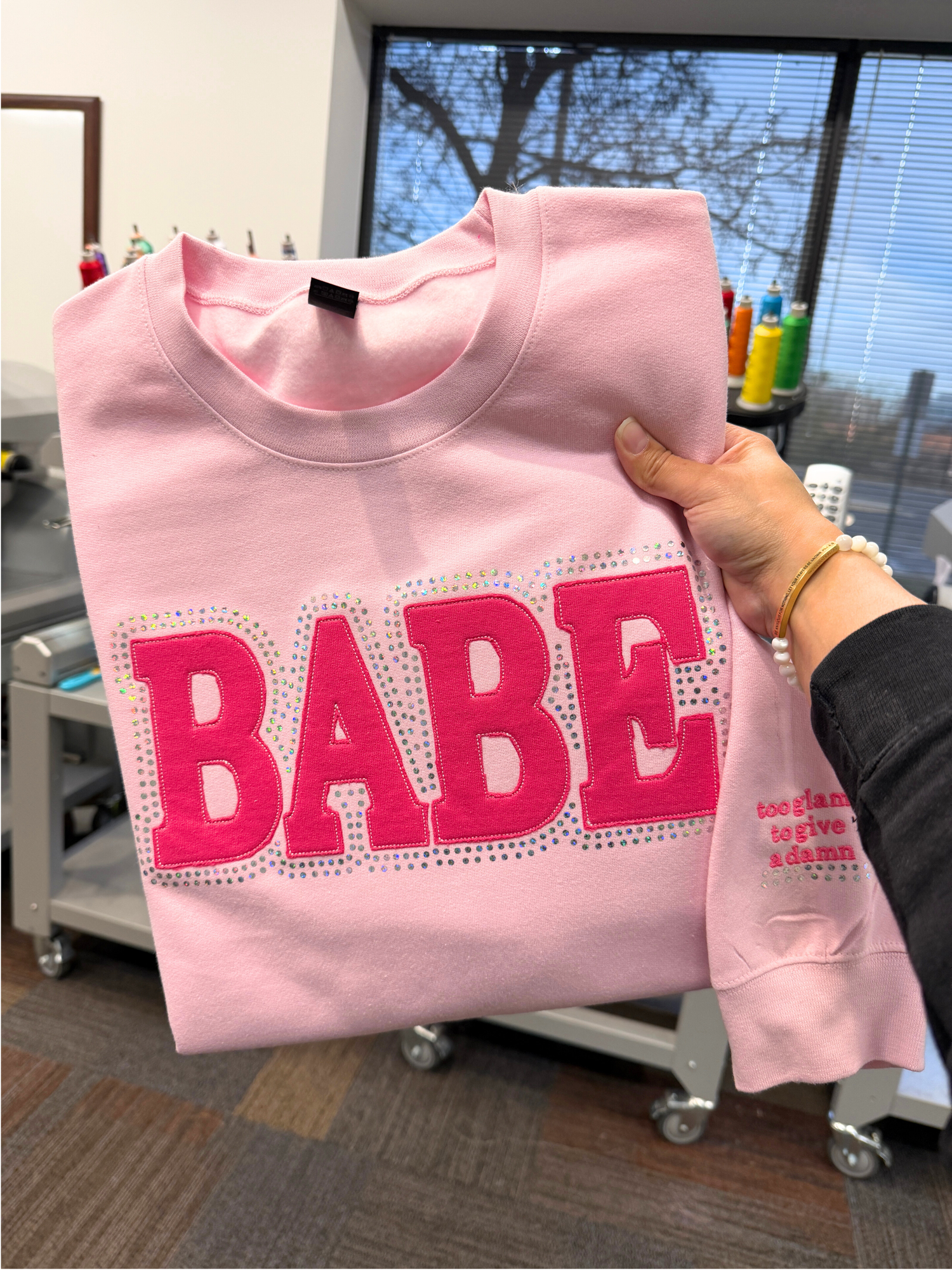 Pink BABE Embroidered & Spangle Sweatshirt (too glam to give a damn sleeve)