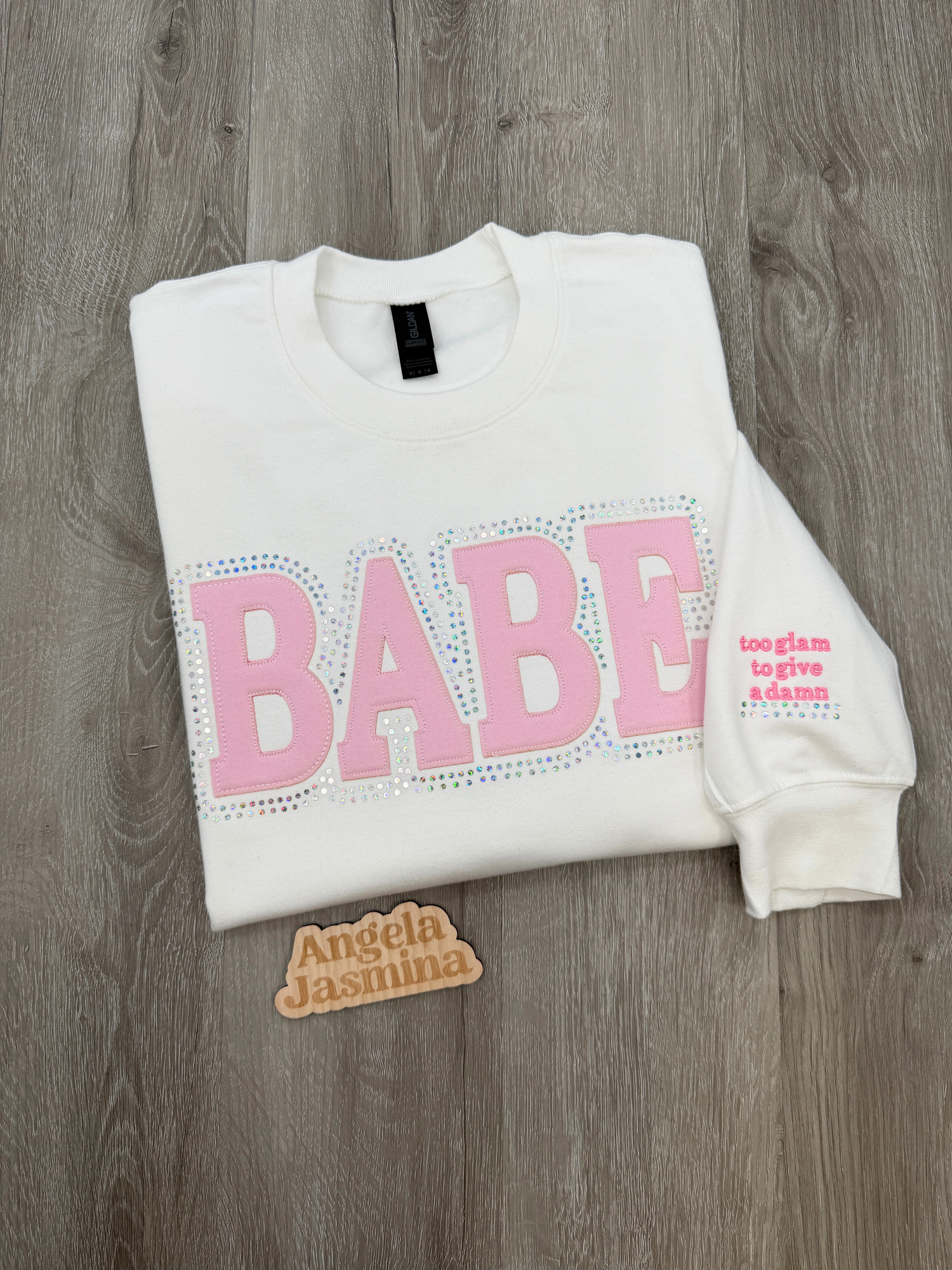 White BABE Embroidered & Spangle Sweatshirt (too glam to give a damn sleeve)