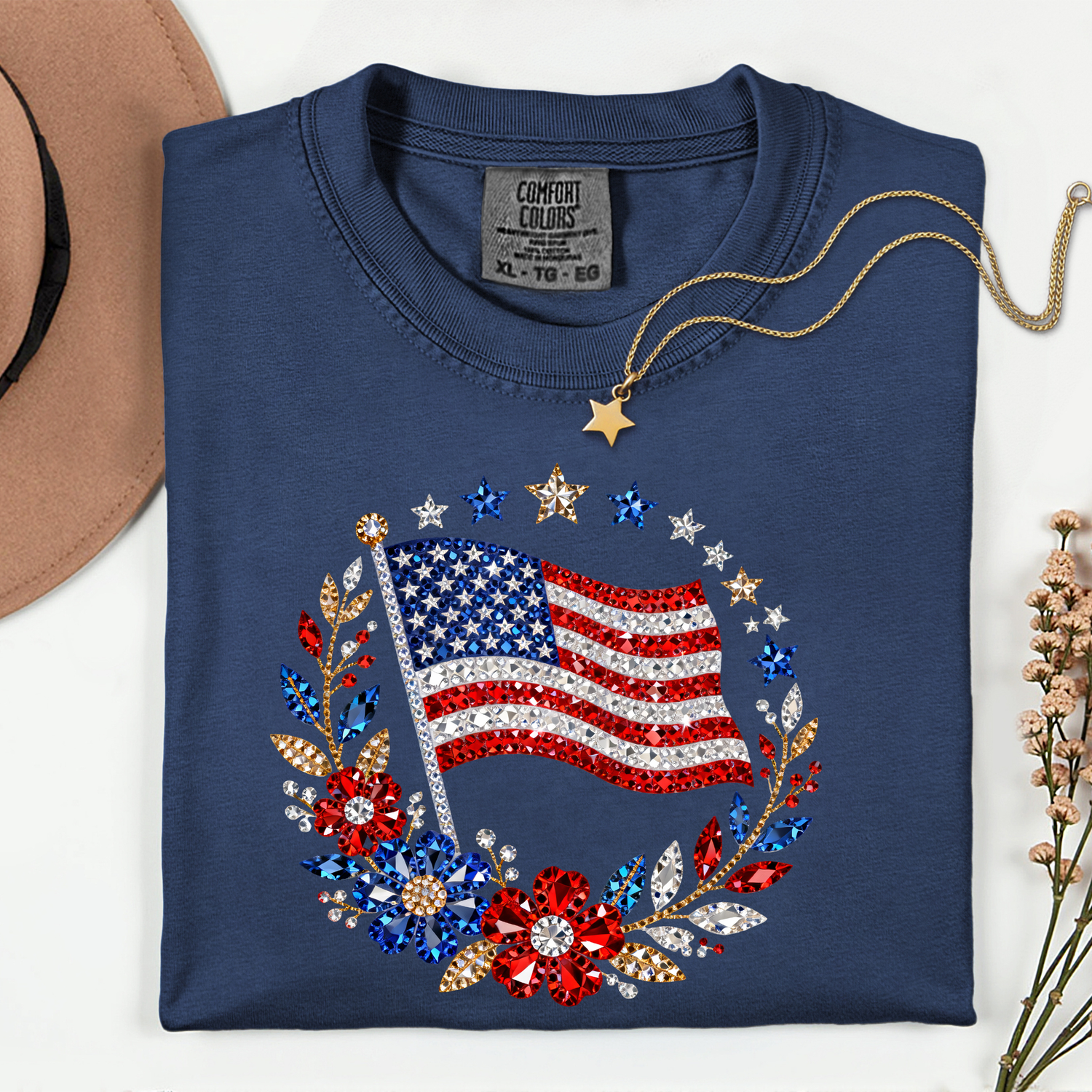 ADULT USA Flag & Flowers FAUX Rhinestones DTF TRANSFER