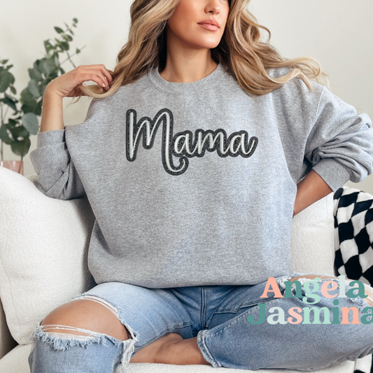 Grey and Black Mama Glitter Embroidered Sweatshirt