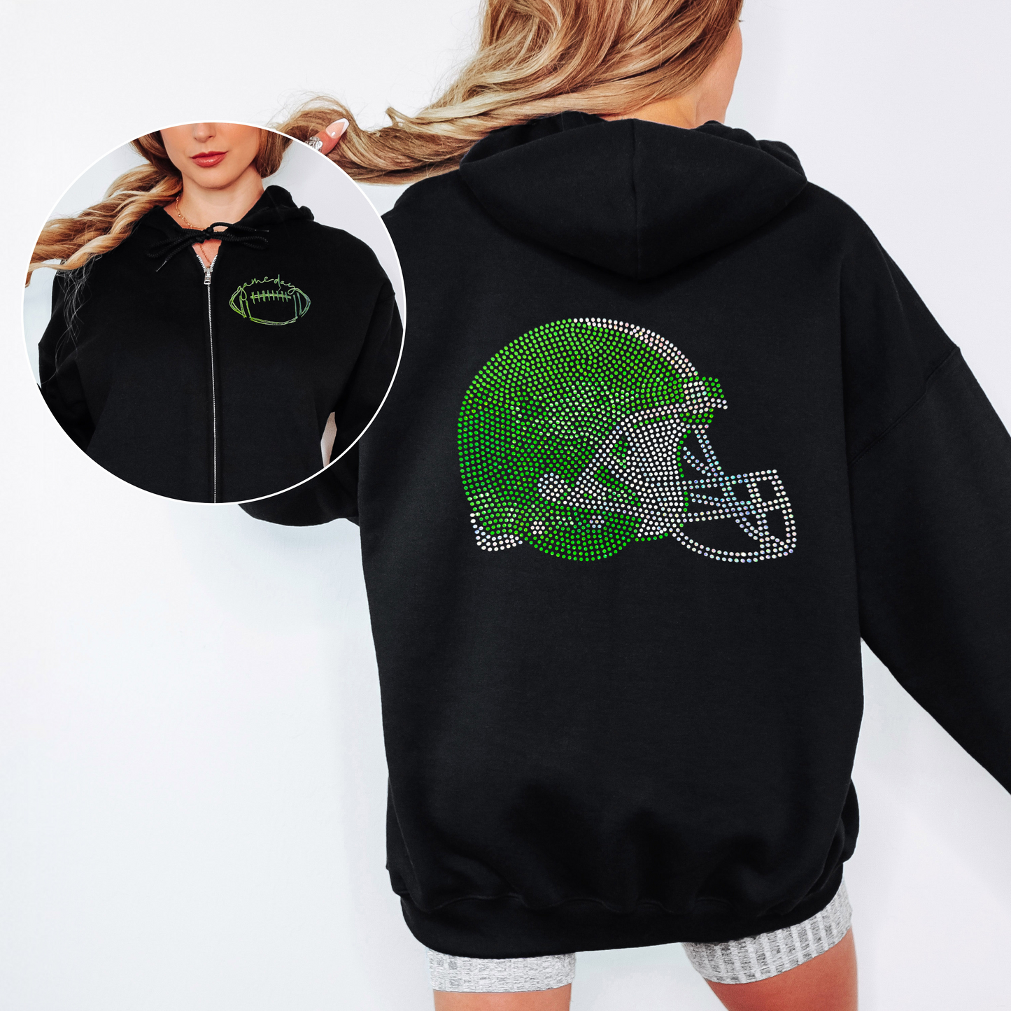 Custom Football Helmet Bling Full Zip Hoodie