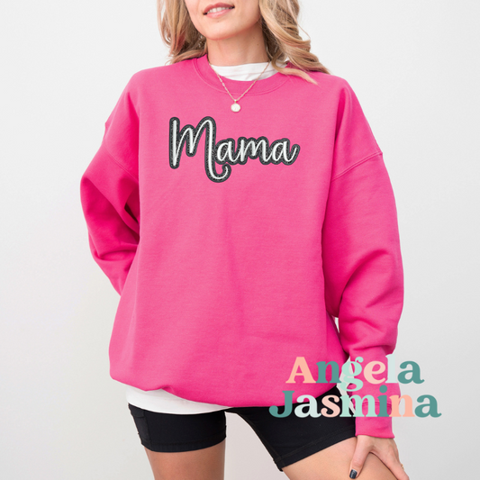 Hot Pink and Black Mama Glitter Embroidered Sweatshirt