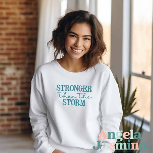 White with Teal Stronger Than The Storm™ Embroidered Sweatshirt