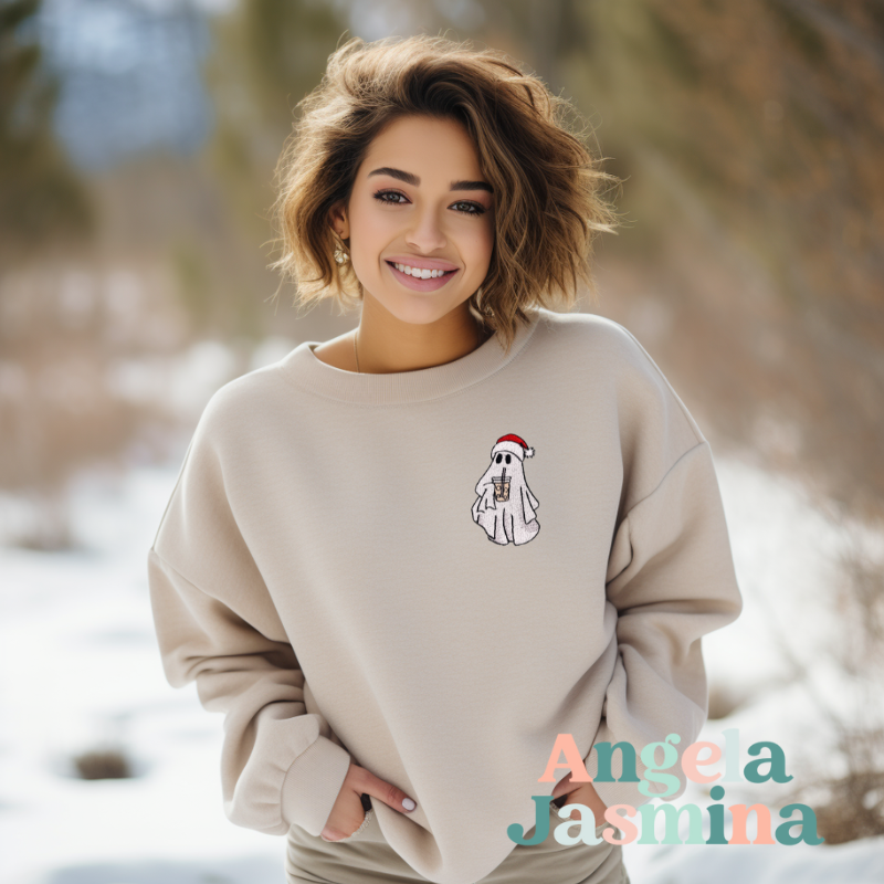 Christmas Coffee Ghost Embroidered Sweatshirt