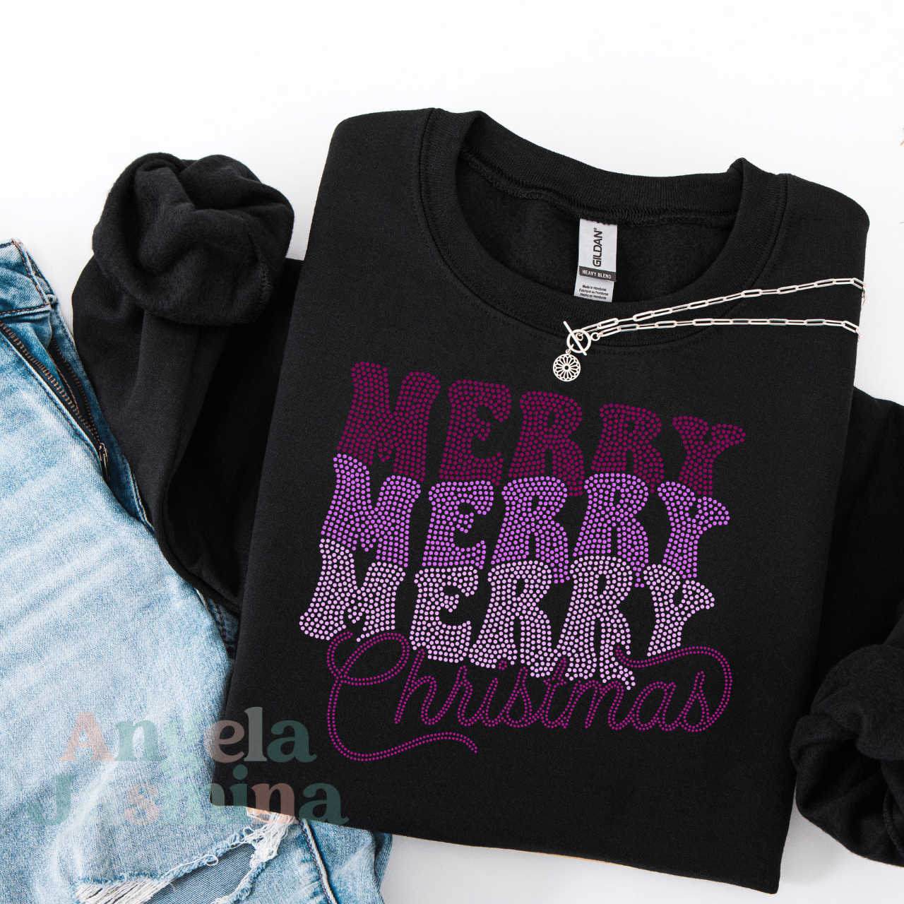 Merry Stacked Pink SPANGLE BLING Transfer