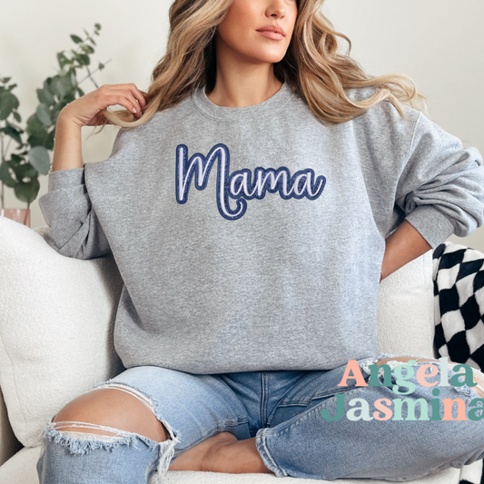 Grey and Navy Mama Glitter Embroidered Sweatshirt
