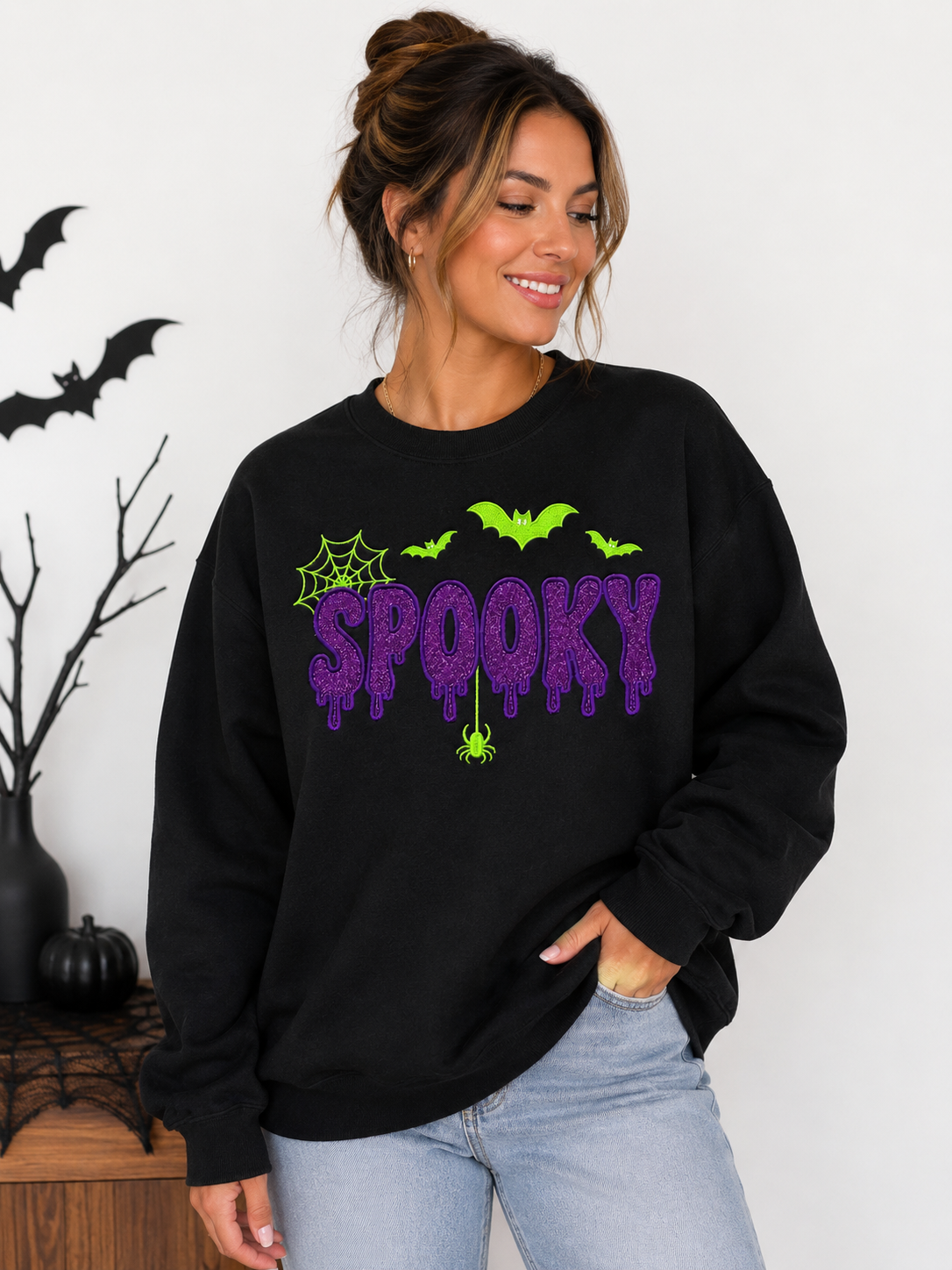 Spooky Season Drip Glitter Embroidered Sweatshirt