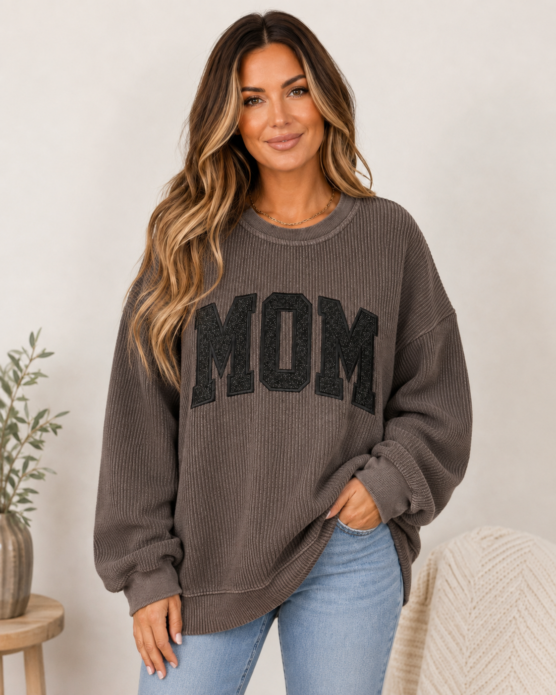 Mom Tone on Tone Glitter Corded Crew Sweatshirt