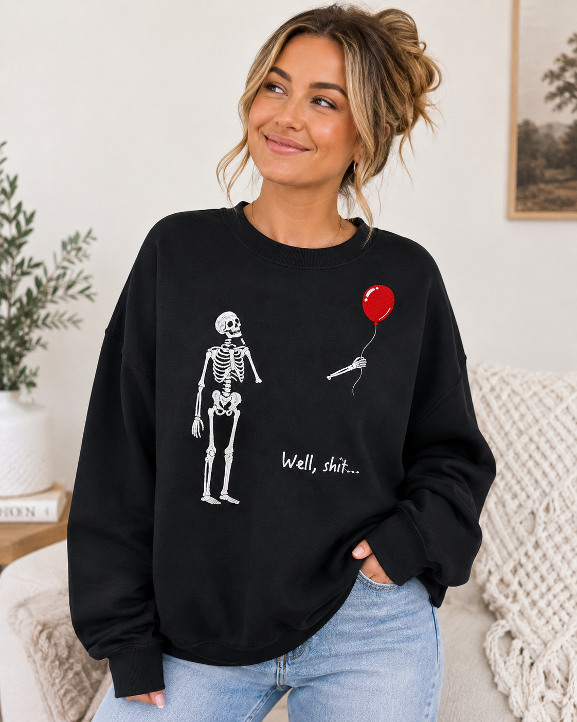 Well Shit Skeleton Balloon Embroidered Sweatshirt