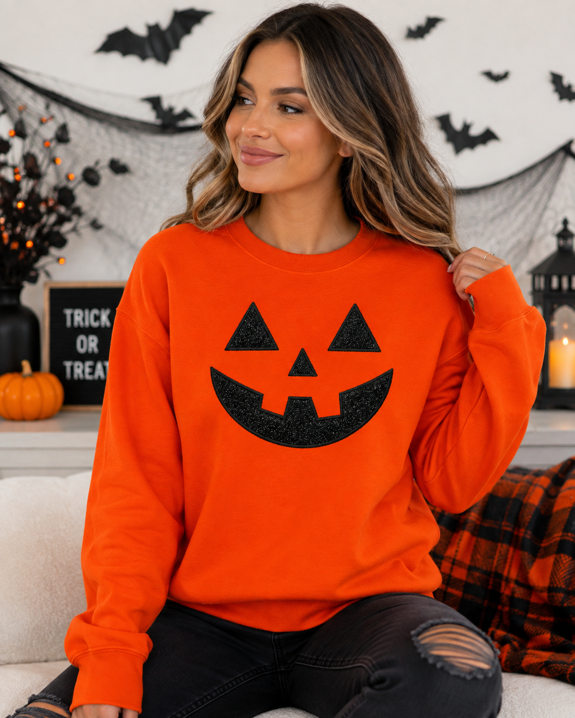Pumpkin Glitter Face Embroidered Sweatshirt