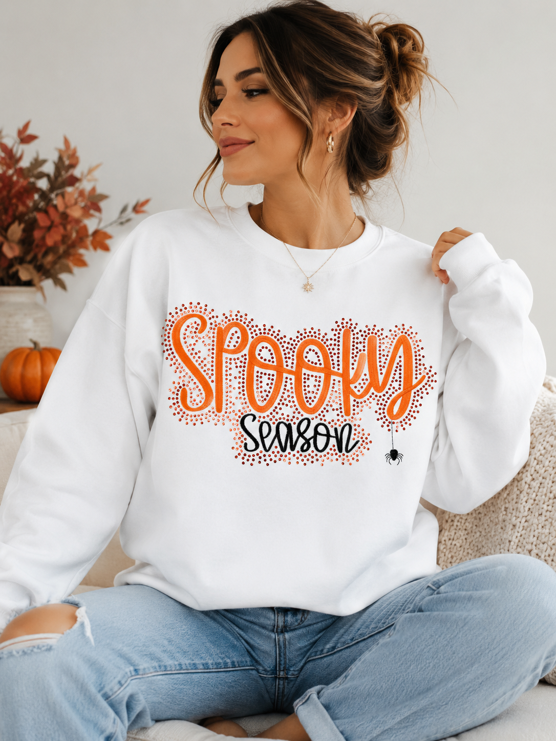Spooky Season Embroidered & Bling White Sweatshirt