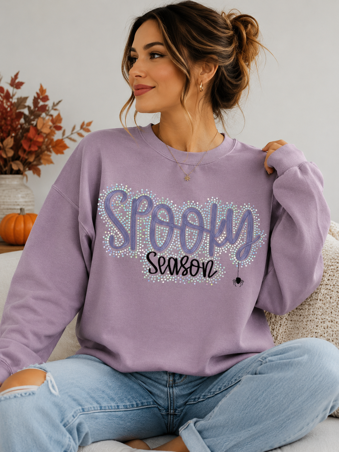 Spooky Season Embroidered & Bling Dusty Purple Sweatshirt
