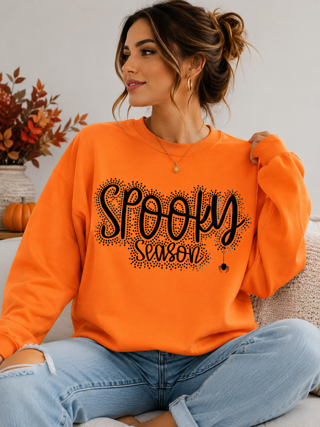 Spooky Season Embroidered & Bling Orange Sweatshirt