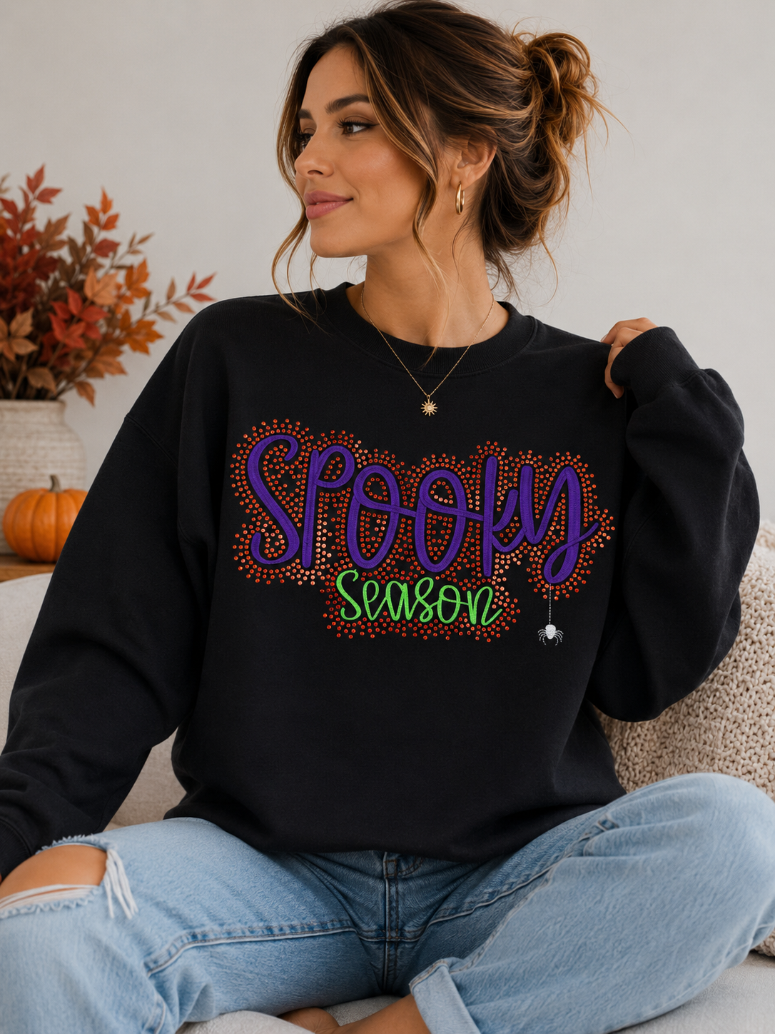 Spooky Season Embroidered & Bling Black Sweatshirt