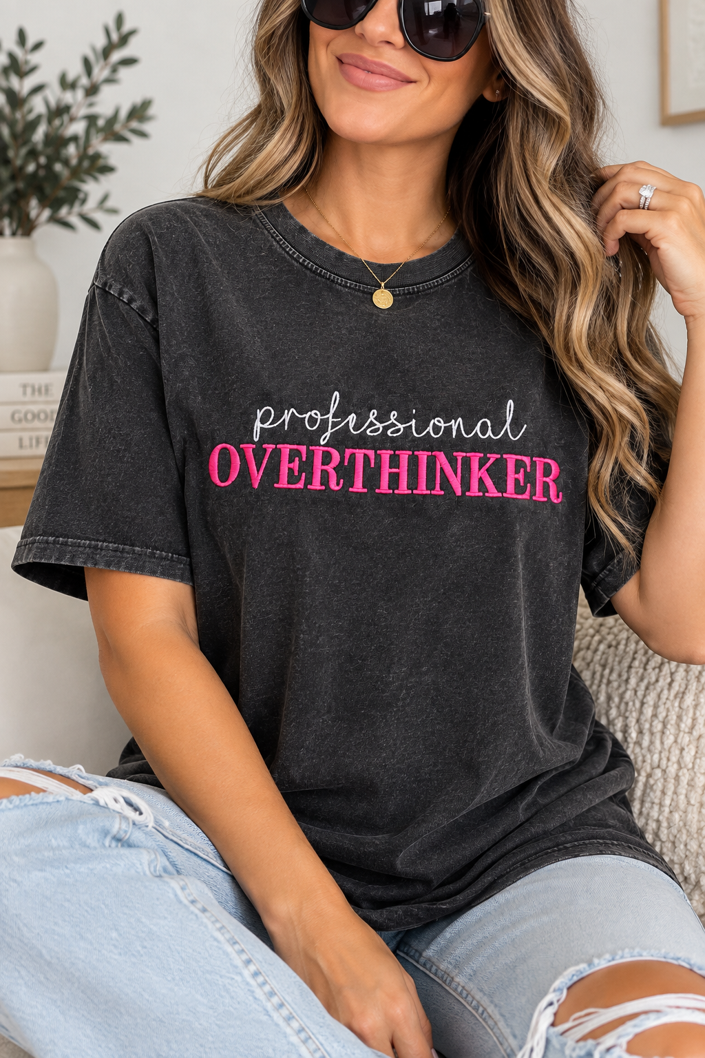 Professional Overthinker Acid Wash Embroidered Shirt