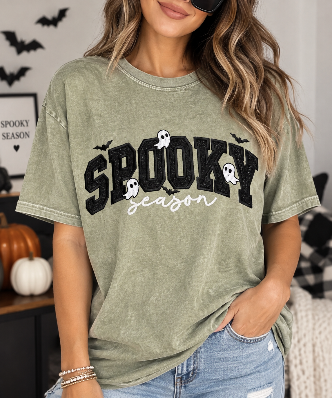Spooky Season Acid Wash Embroidered Shirt