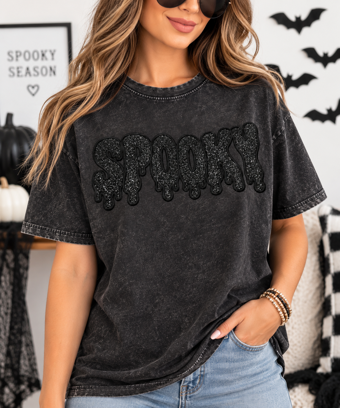 Spooky Drip Acid Wash Embroidered Shirt