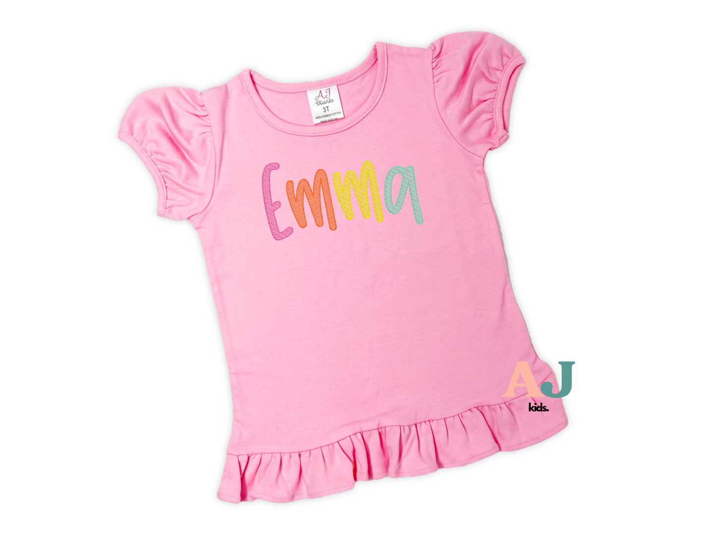 Girls Personalized  Embroidered Ruffle Rainbow Shirt