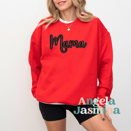 Red and Black Mama Glitter Embroidered Sweatshirt