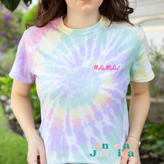 Mama Pastel Tie Dye Embroidered Tee
