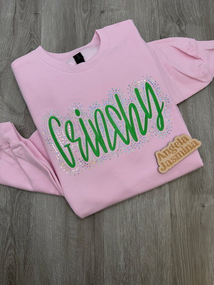 Grinchy Embroidered & Bling Sweatshirt