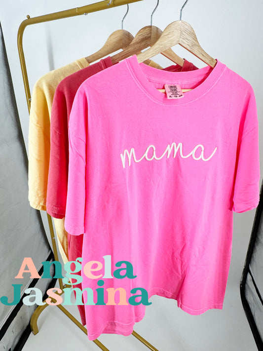 Neon Pink White Mama 3D Puff Comfort Colors Tee