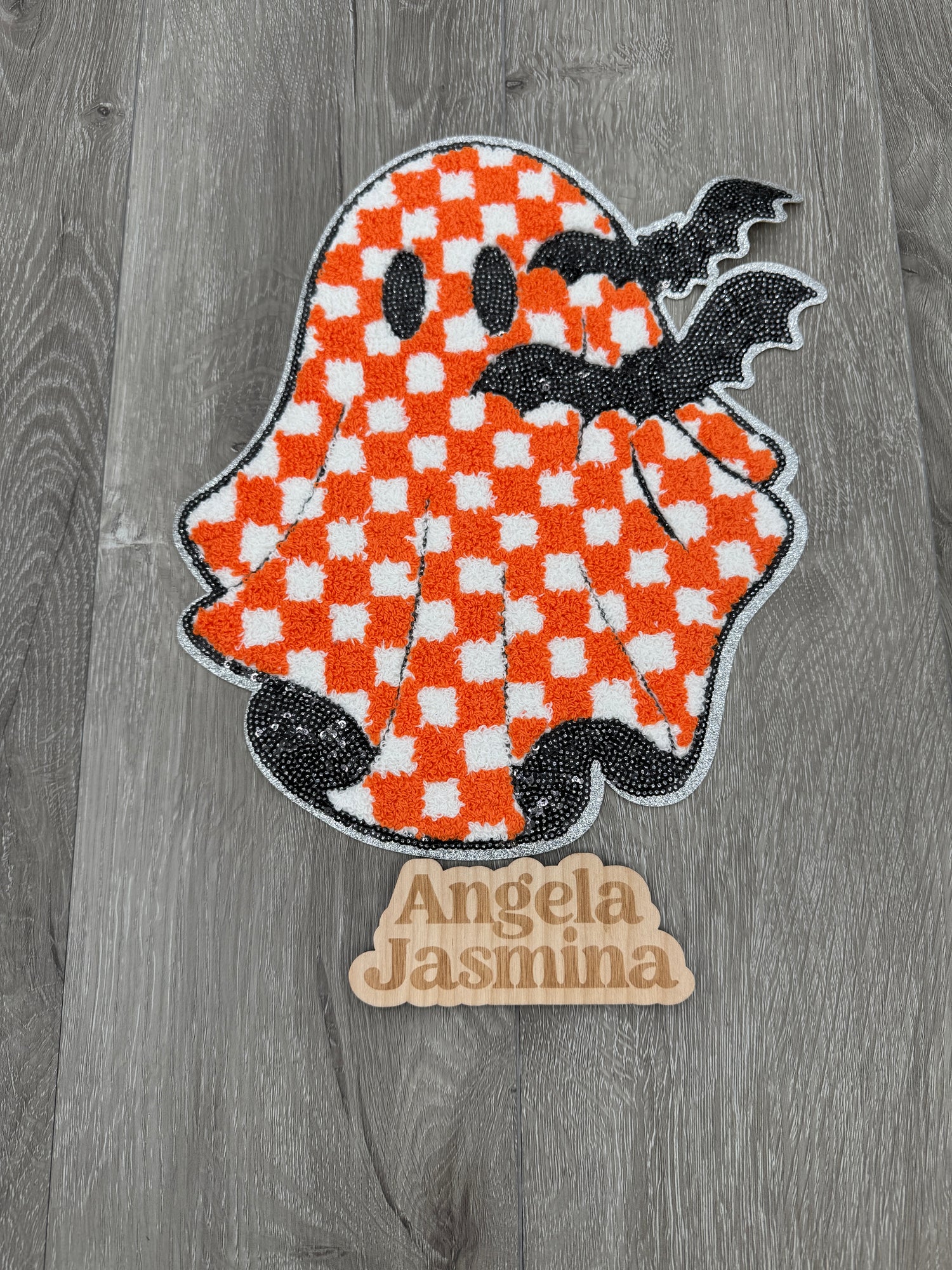 Checkered Ghost and Bats Sequins and Chenille Patch
