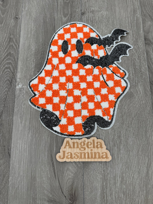 Checkered Ghost and Bats Sequins and Chenille Patch