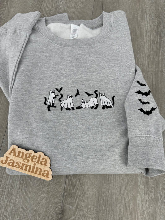 Ghost Cats Embroidered Sweatshirt with bats sleeve